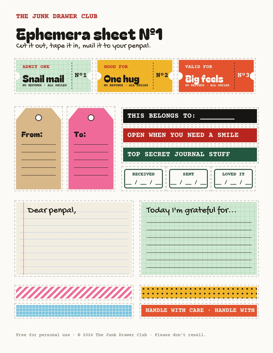 Preview of the free ephemera sheet: tickets, luggage tags, labels, date stamps, journaling cards and tape strips